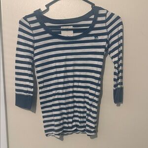 Abercrombie & Fitch Navy and White Striped Long Sleeve Tee